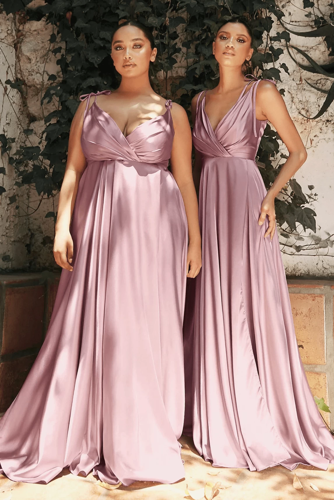Cinderella Divine BD105 Satin Pleated V Neck Slit Leg Dress 1 Cinderella Divine BD105 Satin Pleated V Neck Slit Leg Dress