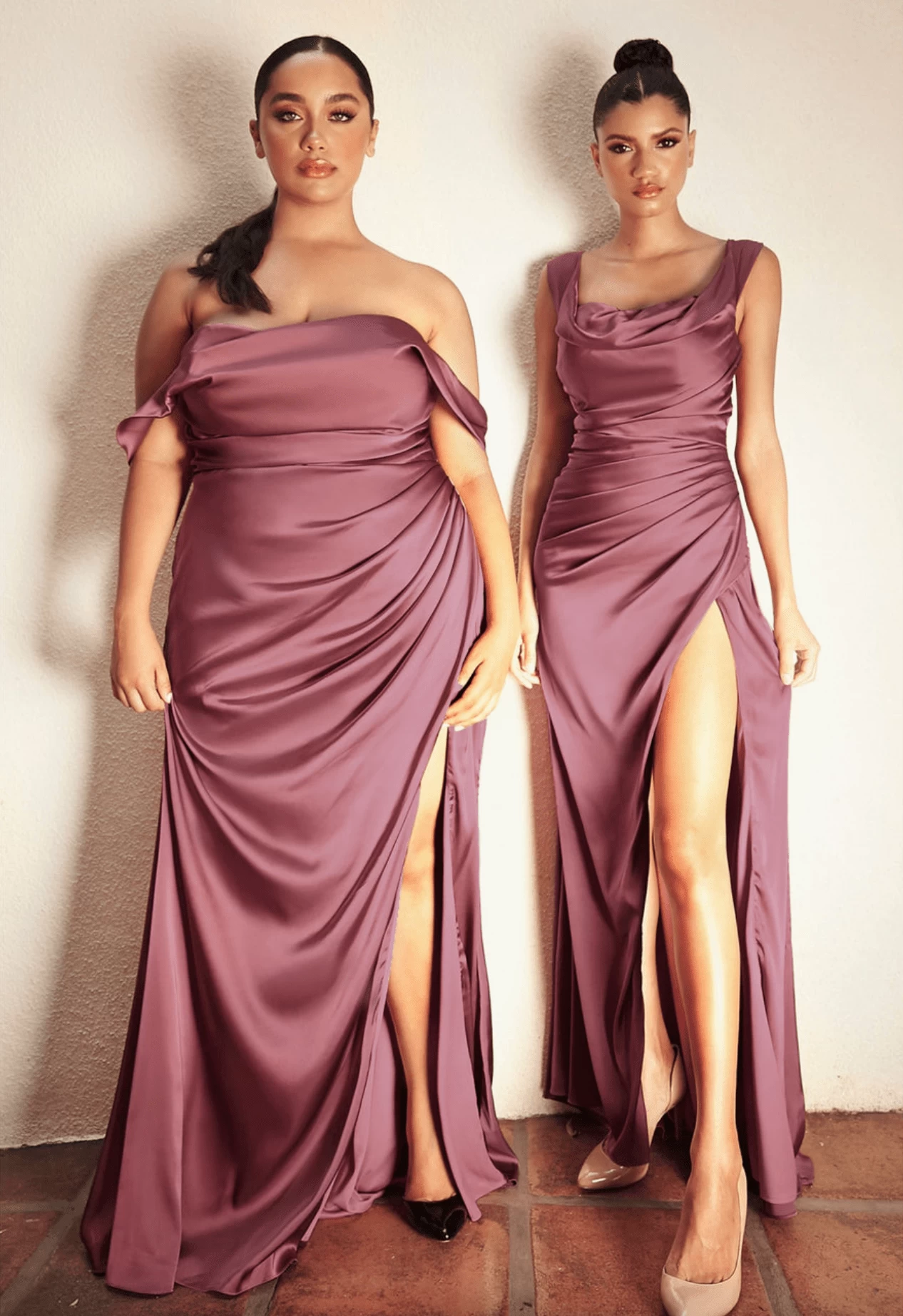Cinderella Divine 7488C Plus Size Off Shoulder Satin Slit Leg Ruched Dress 1 Cinderella Divine 7488C Plus Size Off Shoulder Satin Slit Leg Ruched Dress