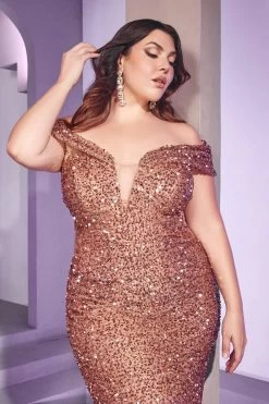Cinderella Divine CD975C Plus Size Off Shoulder Sequin Mermaid Gown -Norma Reed cd975C rosegold 2
