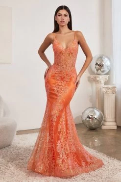 Cinderella Divine J810 Sparkling Mermaid Corset Dress With Sheer Bodice & Lace Embroidery Sizes 12 - 16 -Norma Reed j810 neon orange 82b9494d e813 4408 8396 fdf5fa51d232