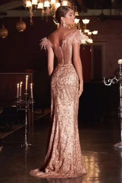 Cinderella Divine J824 Off Shoulder Feather Dress -Norma Reed j824 rosegold 3